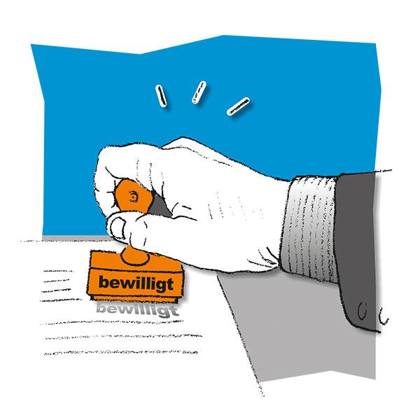 Sozialrecht: Ein Antrag auf Arbeitslosengeld wird bewilligt (Stempel)